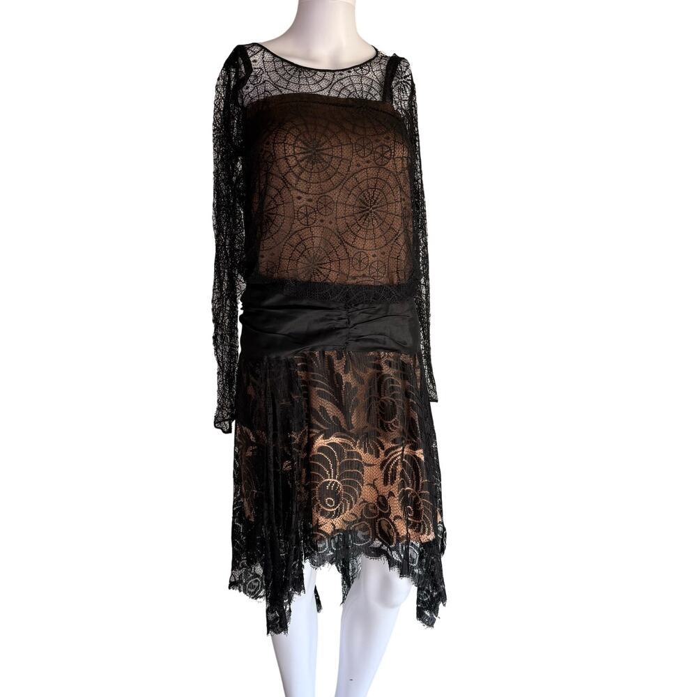 1920s drop waist black lace bronze slip flapper dress XS - AS IS